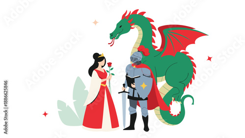 Fantasy scene featuring a brave knight in full armor and a beautiful princess standing before a large green dragon with wings.
