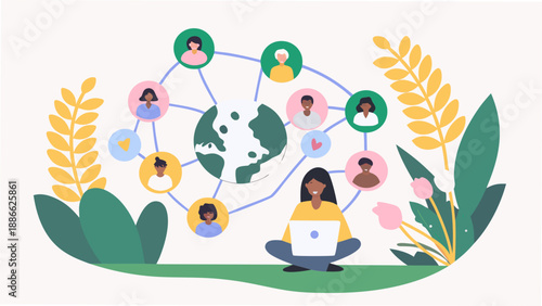Global connections and diverse individuals collaborating through technology and nature