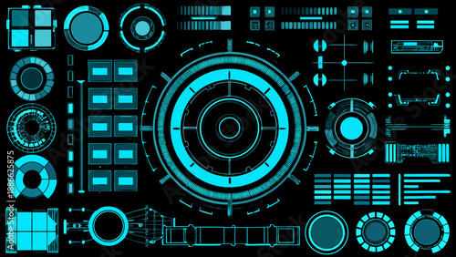 Abstract futuristic interface elements a collection of glowing cyan geometric shapes