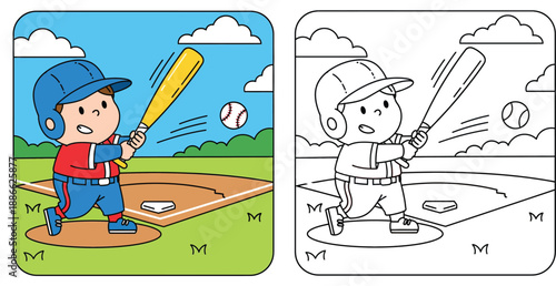 Cartoon boy playing baseball coloring page. Cute batter swinging bat at ball on field. Vector illustration for kids activity book. Outline and colored version included.