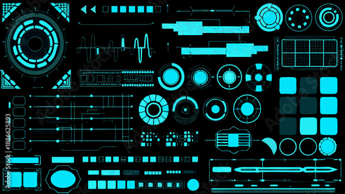 Futuristic user interface elements and holographic display components on a dark background