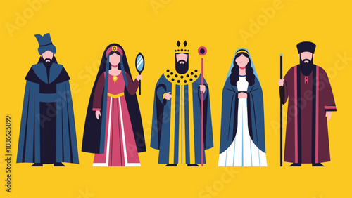 Group of diverse medieval royalty and noble figures including a king and queen standing together on a bright yellow background.