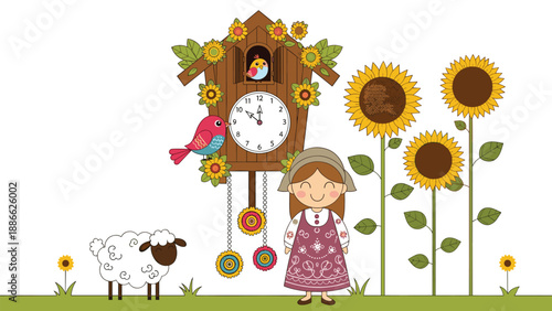 Charming illustration of a young girl in a garden with a large cuckoo clock, a fluffy sheep, and tall bright sunflowers.