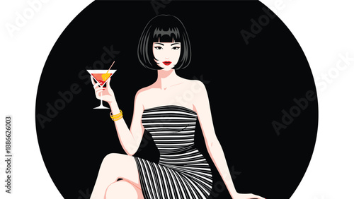 Sophisticated woman with a black bob haircut wearing a striped dress and holding a cocktail glass against a dark background.