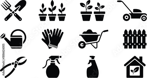 Garden Tools and Equipment Icon Set  Watering Can, Lawn Mower, Wheelbarrow, Gloves
