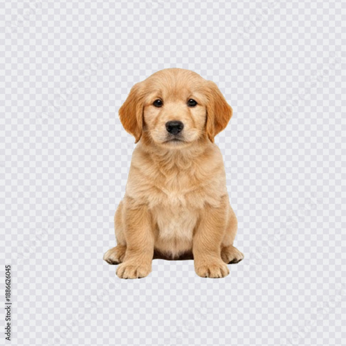 An adorable, light brown Golden Retriever puppy sitting calmly and looking directly forward, isolated on a transparent background.