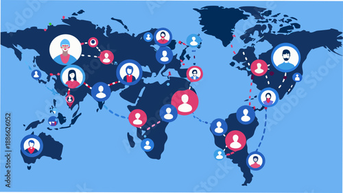 Global network connections featuring user profile icons on a world map illustration