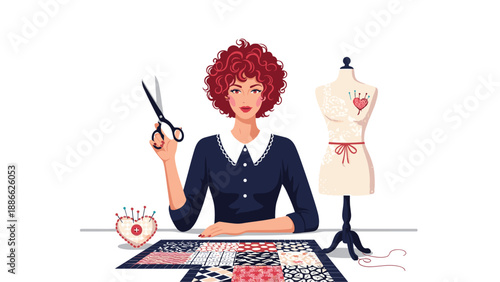 Professional seamstress with red curly hair at her workshop table with scissors, fabric, and a dressmaking mannequin.
