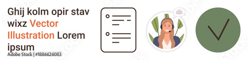 Customer service, task management, digital communication, remote work, online support, efficiency. Female support agent with headset, checklist and green checkmark. Customer service and task