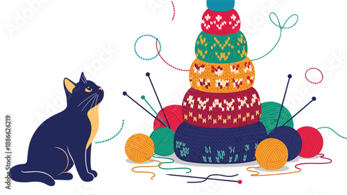 Curious black cat looking up at a very tall stack of colorful knitted yarn balls with knitting needles on a white background.