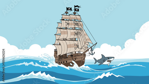 Large pirate ship with skull and crossbones flags sailing on the blue ocean waves with a hungry shark jumping nearby.