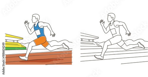 Male sprinter running on stadium track vector illustration. Coloring book page concept with colored and outline version of athlete.
