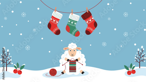 Whimsical winter scene of a fluffy white sheep knitting a colorful scarf while Christmas stockings hang above in the snow.