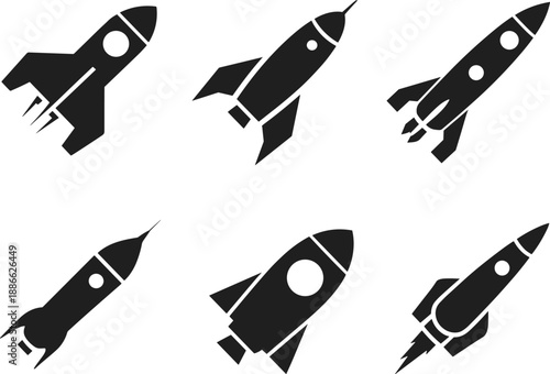 Rocket,spaceship,silhouettes,collection,space,technology,launch,science,exploration,black,figures,vector,isolated,icon,design,futuristic,innovation,background,graphic