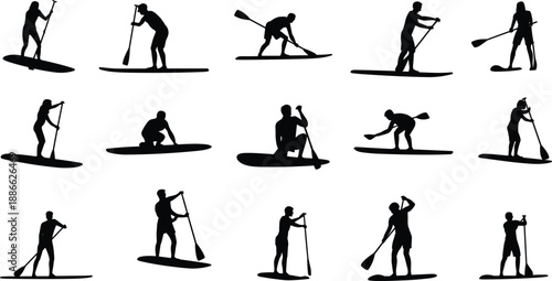 Standup,paddleboard,silhouettes,people,action,poses,water,sport,athletes,black,figures,training,summer,vector,collection,isolated,white,background,design,lifestyle
