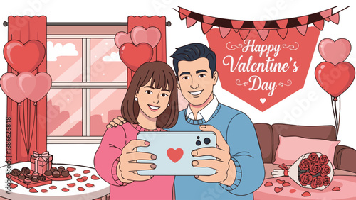 Couple taking selfie with Valentine decorations, flat illustration.