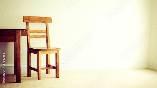 organized. A clean and simple office corner featuring a wooden desk and chair under soft natural light. real-estate listings.