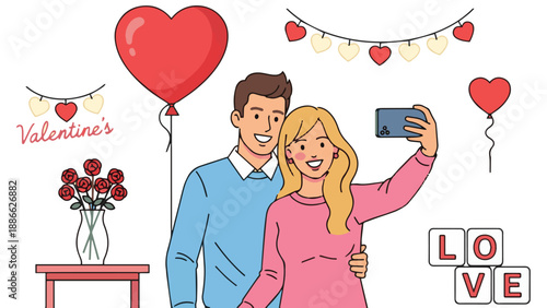 Couple taking selfie with Valentine decorations, flat illustration.