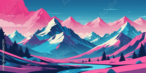 Panoramic winter landscape with high alpine mountain peaks and white snow under a cold sky in the Himalaya