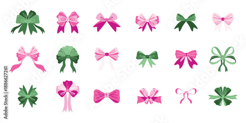 Vector Illustration of  pink and Green girly vintage bow set. Bow for hair decor flat. Ribbons isolated. Trendy girls accessories. Cute hairstyle elements collection