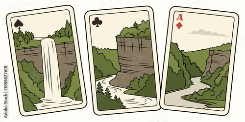 U.S, USA, US, United States - Nature Ace Card Triptych — Scenic Waterfall, Cliff Valley & Canyon River Illustration Series on Playing Card Designs | Modern Graphic Wall Art for Home or Office
