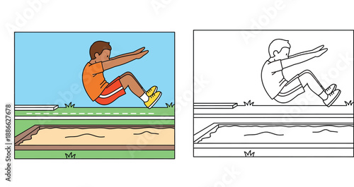Long jump coloring page. Vector illustration of a boy athlete jumping into a sand pit. Educational worksheet with color reference and outline for kids activity