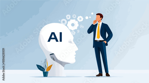 Innovative businessman contemplates artificial intelligence in a modern office environment