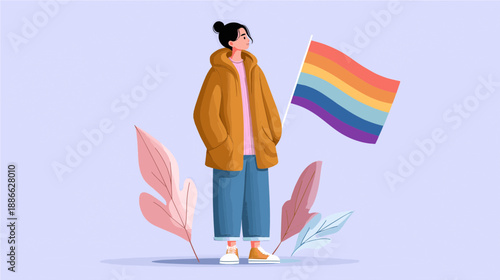 A person stands confidently holding a rainbow flag amidst a gentle pastel backdrop. Their cozy outfit hints at a relaxed spirit while promoting love and acceptance.