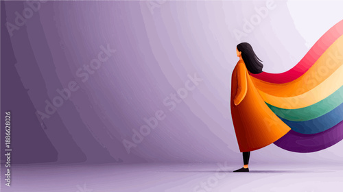 Colors of imagination flow as a young woman wears a vibrant rainbow cloak in a whimsical world of creativity