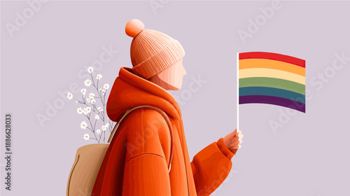 Individual proudly displaying a rainbow flag while wearing a cozy outfit with a backpack during a vibrant celebration of diversity and love