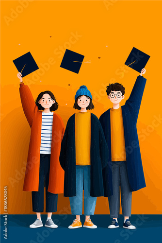 Celebrating graduation with friends under a bright orange sky, joyfully tossing caps into the air