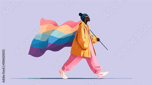 Joyful celebration of identity and pride with a person holding a rainbow flag in a stylish, colorful outfit