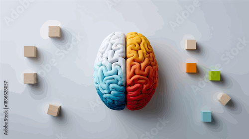 Bright colors and creativity blend in a stunning representation of the human brain showcasing imagination and logic