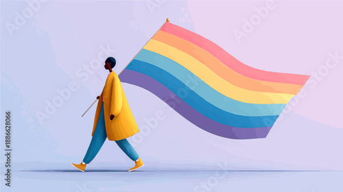 Walking proudly with a rainbow flag on a vibrant backdrop during a celebration of love and diversity in the community