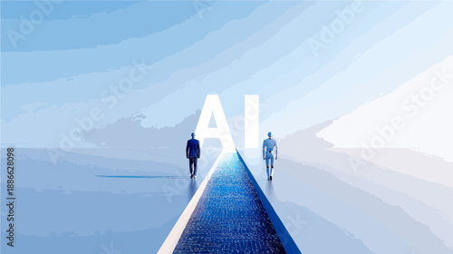 Walking towards a bright future with artificial intelligence guiding the way in a serene blue landscape