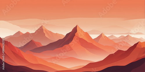 Atmospheric mountain landscape with a misty peak at sunrise and sunset showing a sun silhouette over a forest valley and hills under a foggy horizon vector illustration