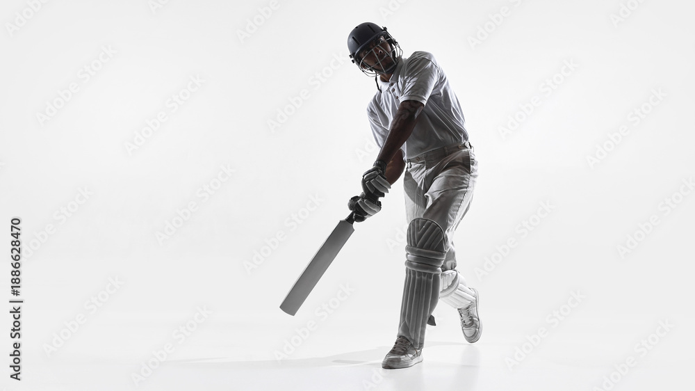 Fototapeta premium Cricket player front foot batting technique in studio isolated on white. Concept of cricket skill development, timing training, instructional batting content and professional sport education materials