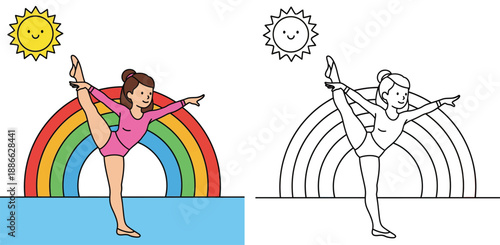 Vector coloring book page of a cute girl doing gymnastics standing split pose in front of a rainbow. Educational worksheet with colored example and outline.