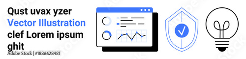 Data analysis, cybersecurity, innovation, statistics, protection, creativity. Graphic elements include a data graph, a secured shield and a light bulb icon. Data analysis and cybersecurity concept