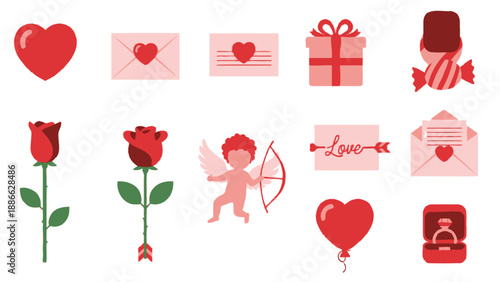 Valentine's Day Icons: Hearts, Roses, Gift, Cupid, Love Letter, Ring