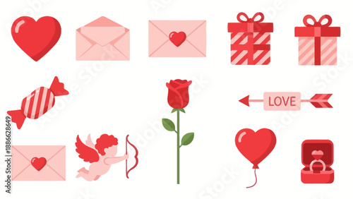 Valentine's Day Icons: Hearts, Gifts, Rose, Cupid, Ring, Love Letter, Candy