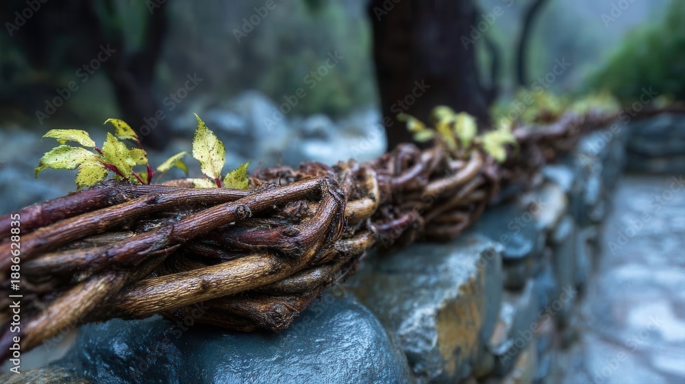 Fototapeta premium Rustic wooden fence with green leaves on stone wall in natural setting
