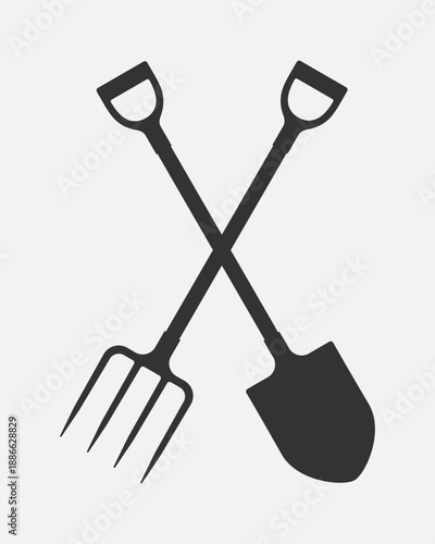 Spade and pitchfork graphic icon. Crossed work tools. Sign isolated on white background. Vector illustration