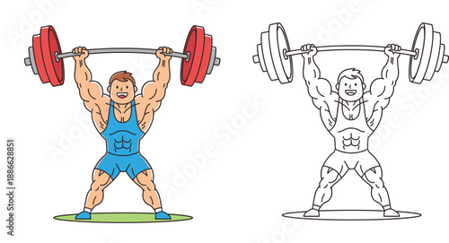 Weightlifter cartoon character lifting heavy barbell. Vector illustration of strong man in gym with black and white outline for coloring book page.