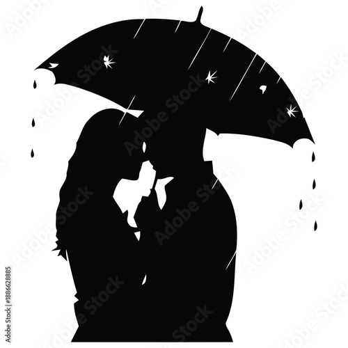 Romantic Couple Silhouette under Umbrella in the Rain Vector Illustration