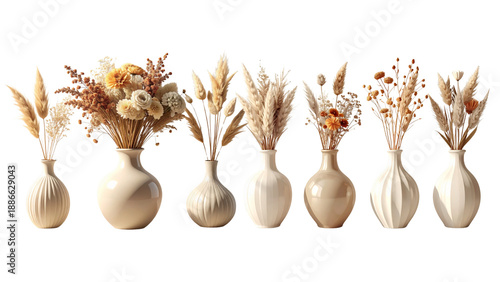 A modern, clean illustration set of elegant vases with dried flower bouquets. Soft ne