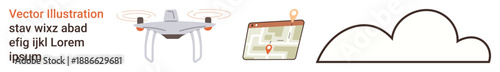 quadcopter delivery, GPS navigation, cloud storage, smart technology, logistics, connectivity. A Quadcopter, a map with a location pin and a cloud icon. Drone delivery and GPS navigation concept