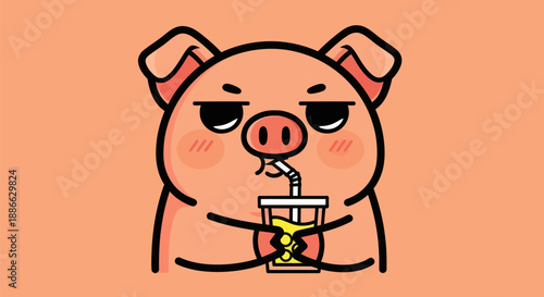Cartoon pig drinks juice illustration