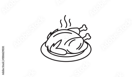Simple line drawing of a steaming roast chicken on a plate, perfect for food blogs or culinary websites.