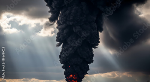 Massive Black Smoke Rising Into Sky, Dramatic Global Crisis Concept
